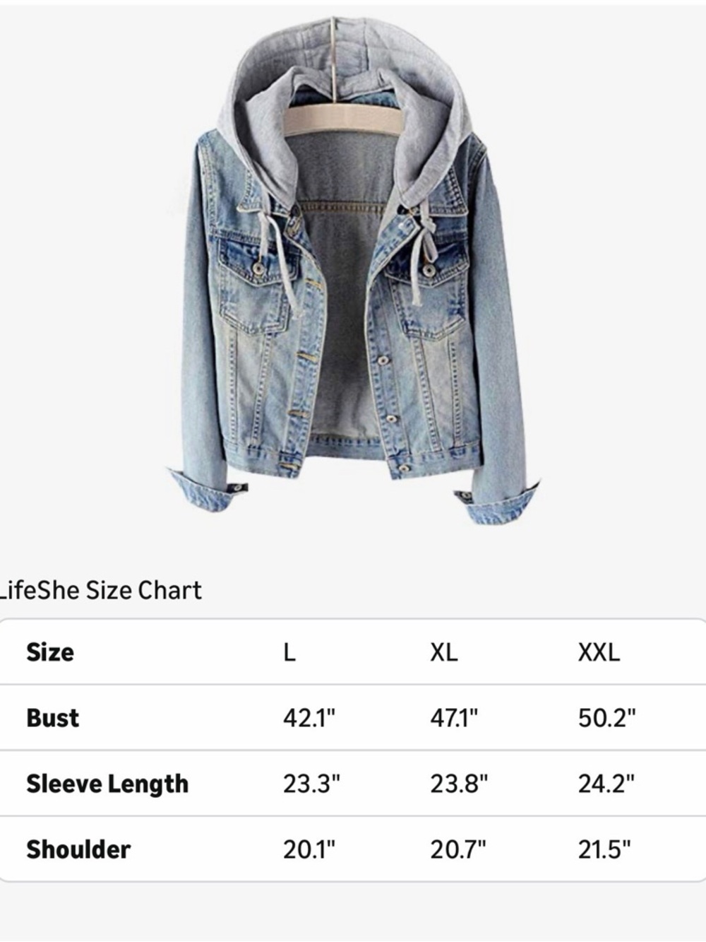 Light Wash Denim Jacket with Attached Gray Hood - Picture 7 of 7